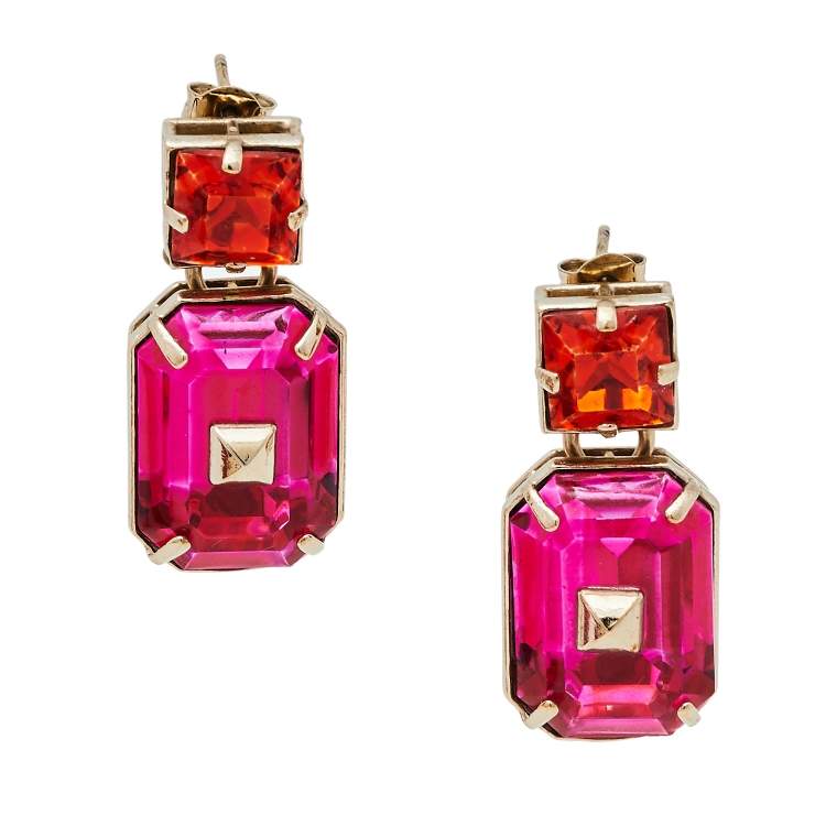 Pre Owned Valentino Pink & Orange Crystal Rockstud Drop Earrings