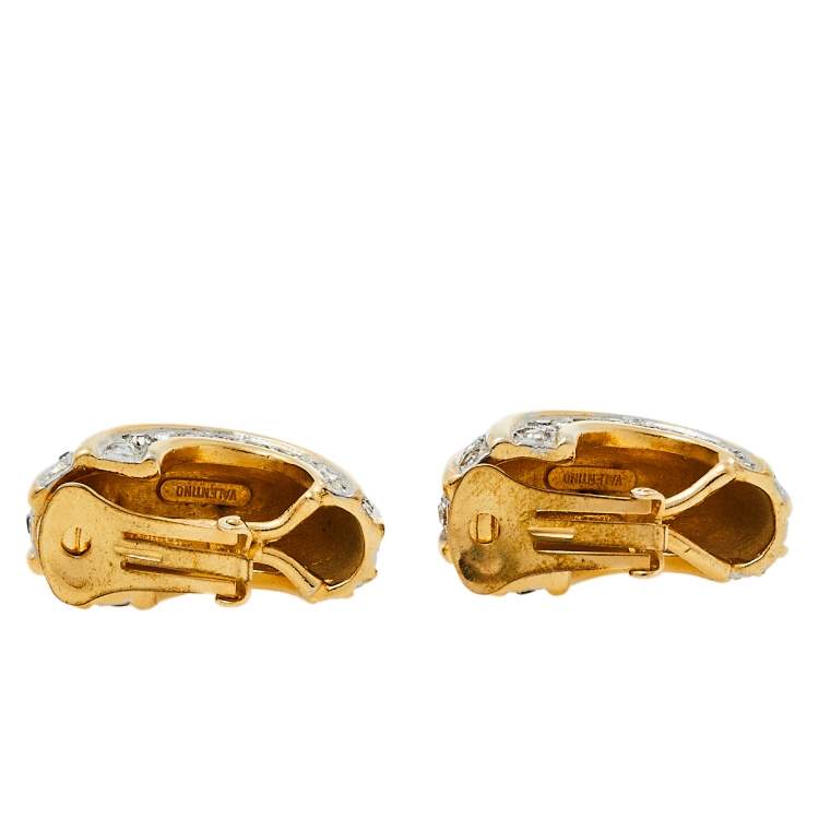Pre Owned Valentino Crystal Gold Tone Clip On Earrings