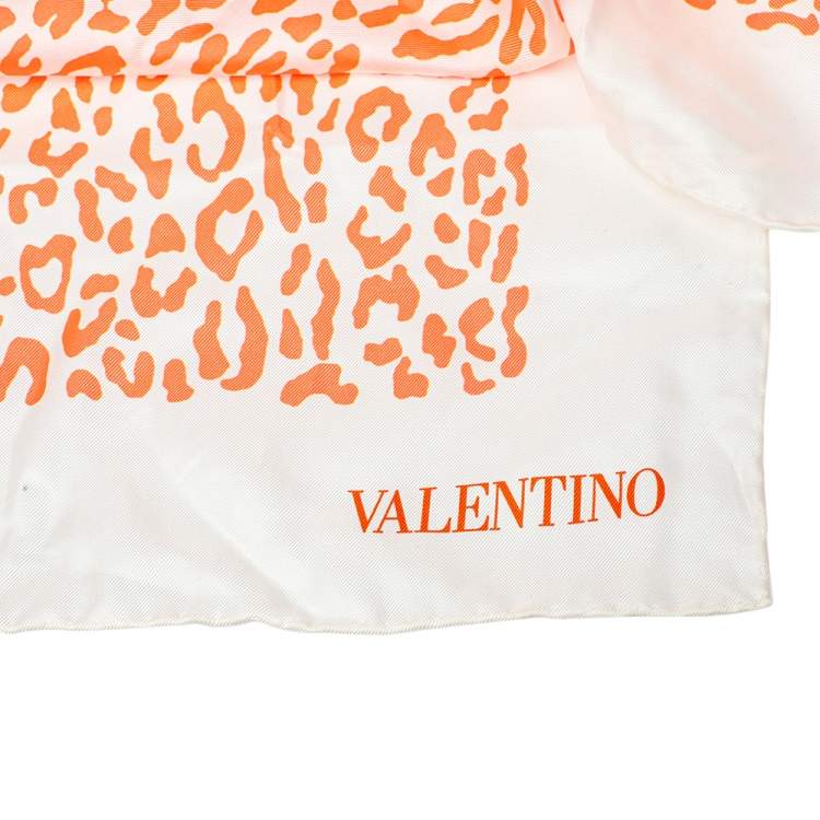 Pre Owned Valentino Neon Orange Leopard Print Silk Square Scarf