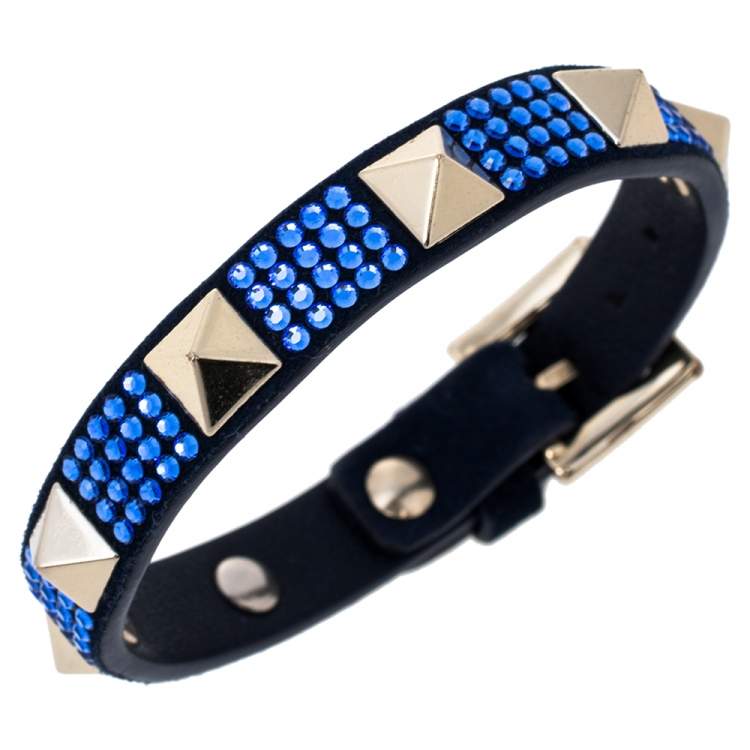 Pre Owned Valentino Blue Suede Crystal Embellished Rockstud Bracelet