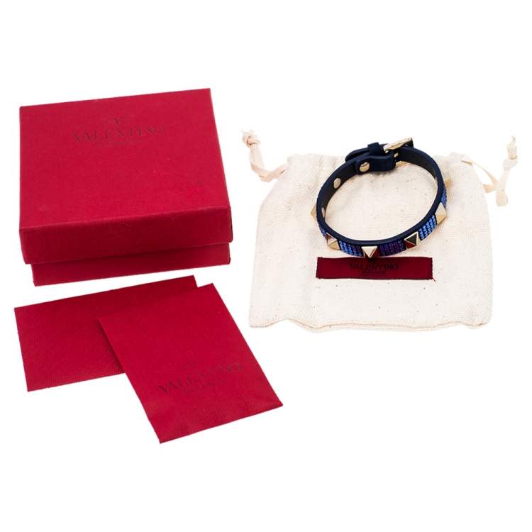 Pre Owned Valentino Blue Suede Crystal Embellished Rockstud Bracelet