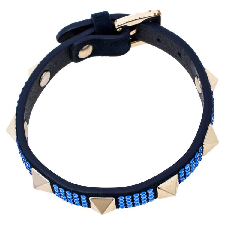 Pre Owned Valentino Blue Suede Crystal Embellished Rockstud Bracelet