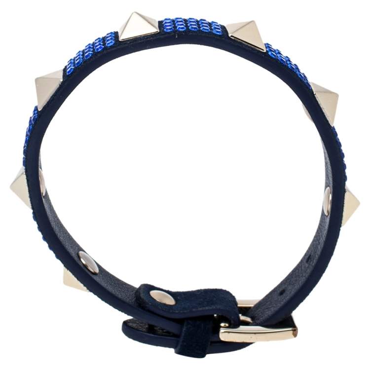 Pre Owned Valentino Blue Suede Crystal Embellished Rockstud Bracelet