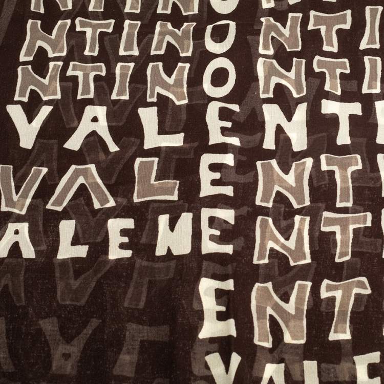Pre Owned Valentino Brown Logo Puzzle Printed Silk Scarf