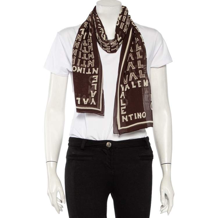 Pre Owned Valentino Brown Logo Puzzle Printed Silk Scarf