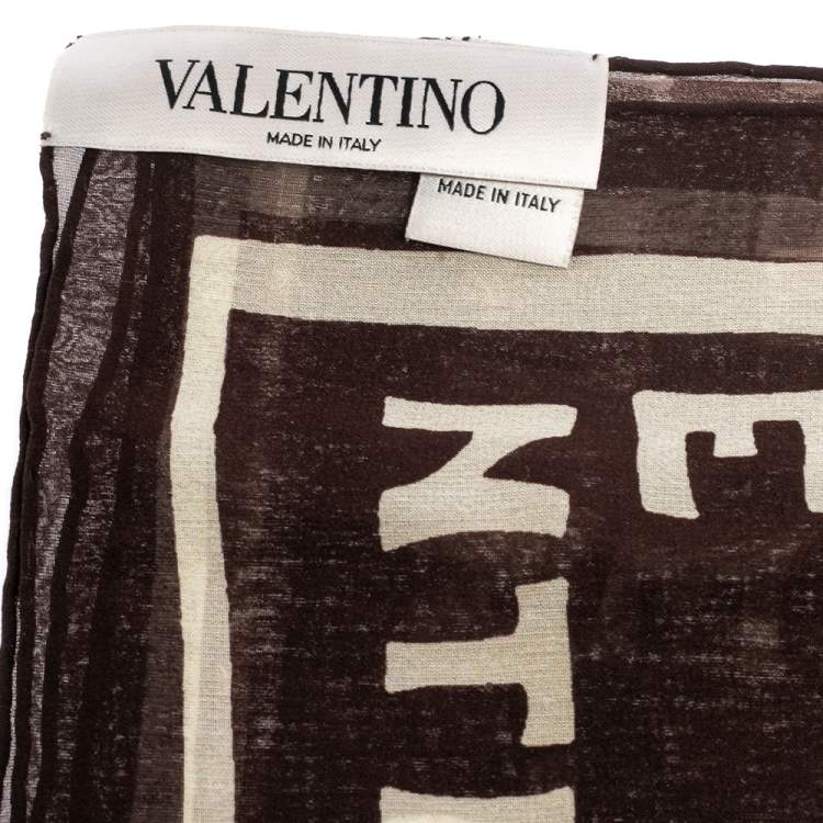 Pre Owned Valentino Brown Logo Puzzle Printed Silk Scarf