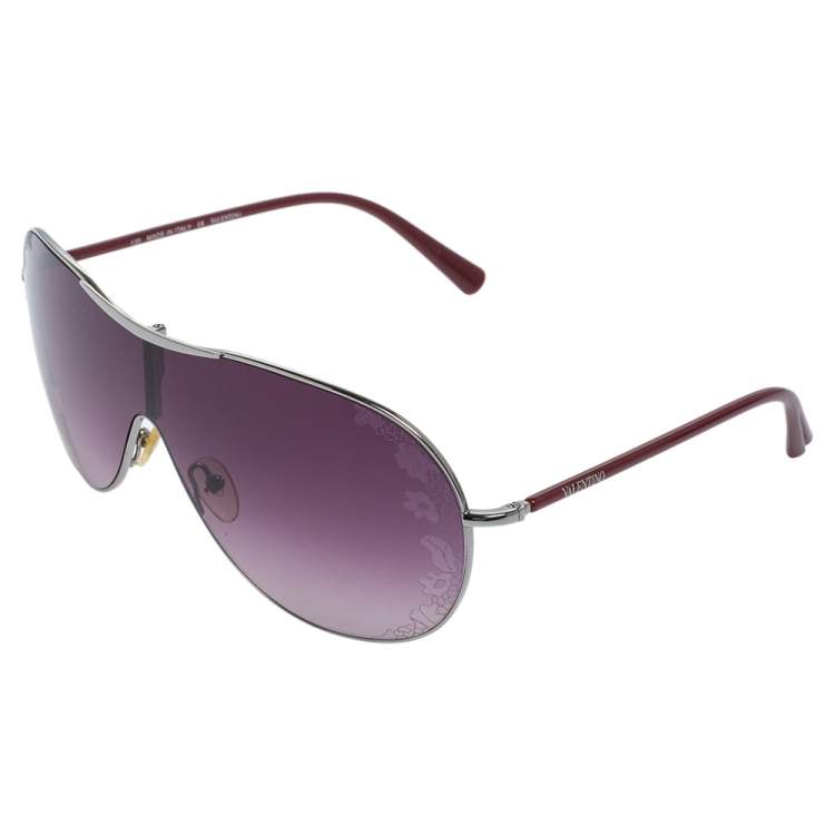 مملوكة مسبقًا Valentino Silver Tone/ Purple Gradient V100S Flower Detail Shield Sunglasses