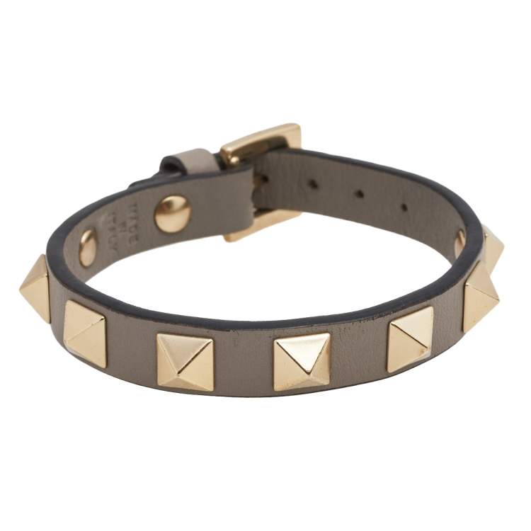 Pre Owned Valentino Grey Leather Rockstud Detail Wrap Bracelet