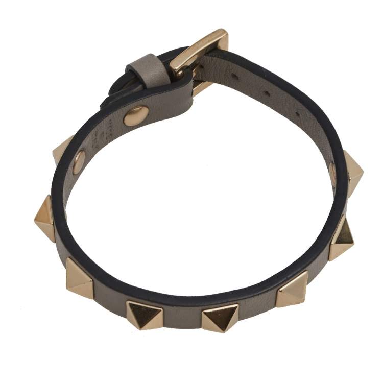 Pre Owned Valentino Grey Leather Rockstud Detail Wrap Bracelet
