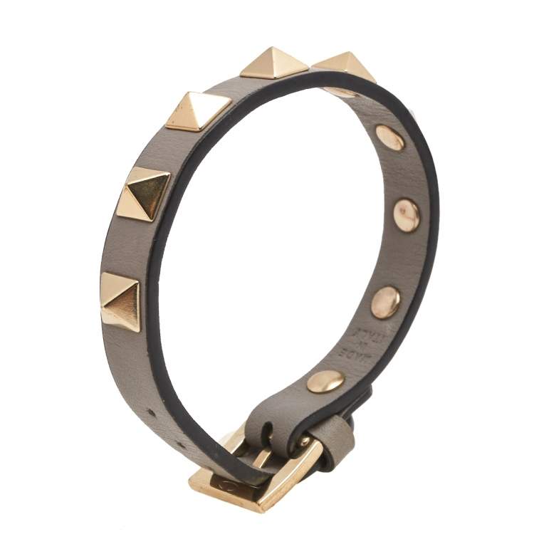 Pre Owned Valentino Grey Leather Rockstud Detail Wrap Bracelet