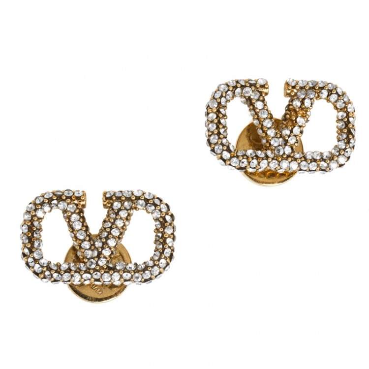 مملوكة مسبقًا Valentino Gold Tone Crystal Vlogo Stud Earrings 