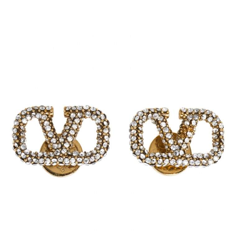 مملوكة مسبقًا Valentino Gold Tone Crystal Vlogo Stud Earrings 