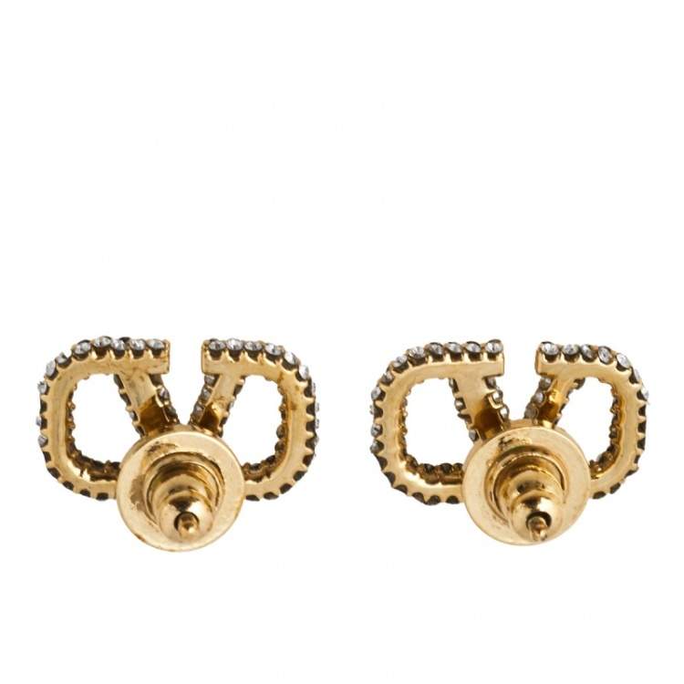 مملوكة مسبقًا Valentino Gold Tone Crystal Vlogo Stud Earrings 