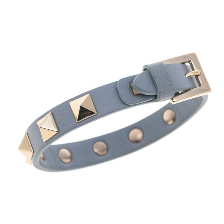 Pre Owned Valentino Powder Blue Leather Rockstud Wrap Bracelet 