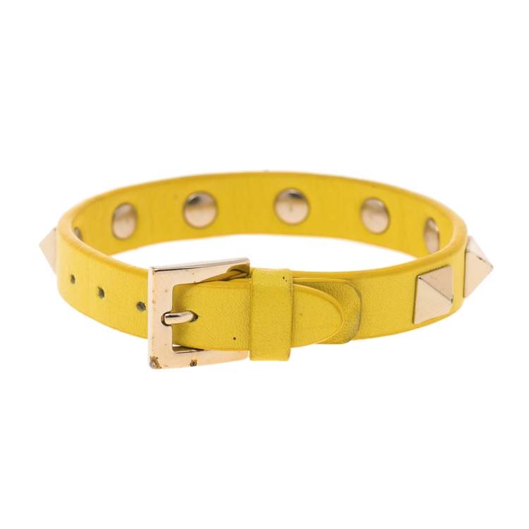 Pre Owned Valentino Yellow Leather Rockstud Wrap Bracelet 