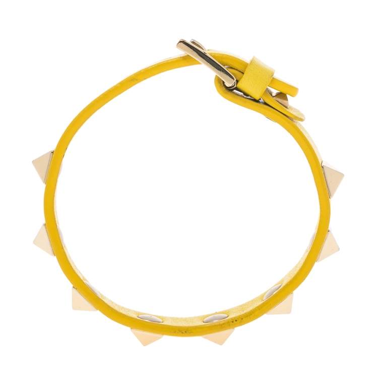 Pre Owned Valentino Yellow Leather Rockstud Wrap Bracelet 