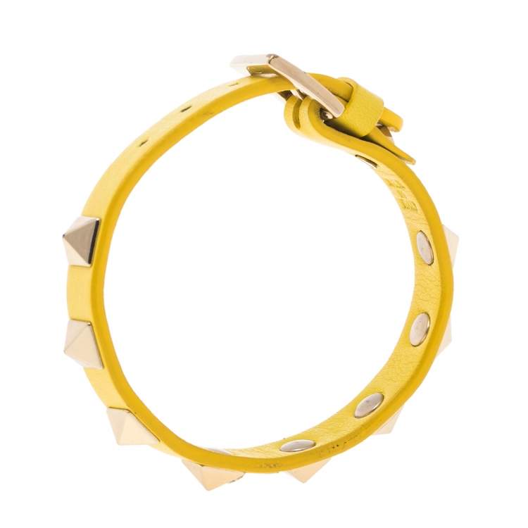 Pre Owned Valentino Yellow Leather Rockstud Wrap Bracelet 