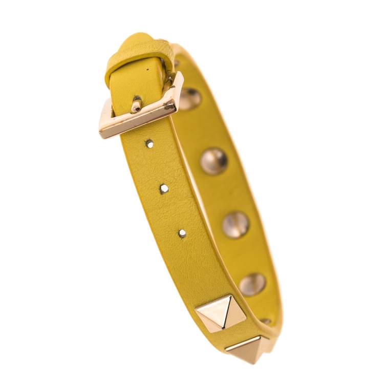 Pre Owned Valentino Yellow Leather Rockstud Wrap Bracelet 