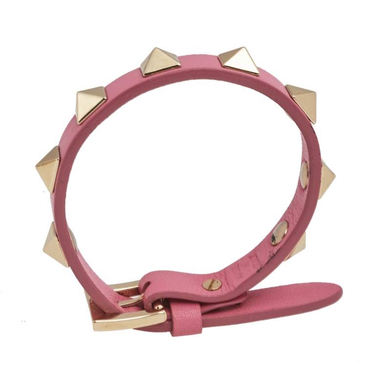 Pre Owned Valentino Pink Leather Rockstud Wrap Bracelet 