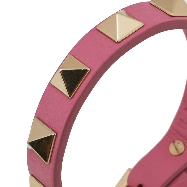 Pre Owned Valentino Pink Leather Rockstud Wrap Bracelet 