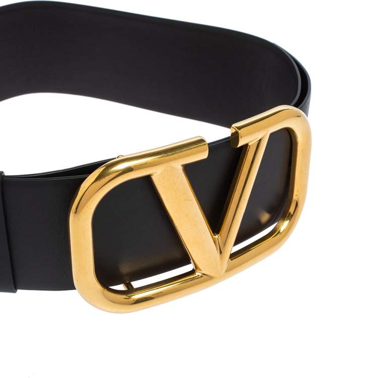 Pre Owned Valentino Black Leather VLogo Wide Belt 75 CM