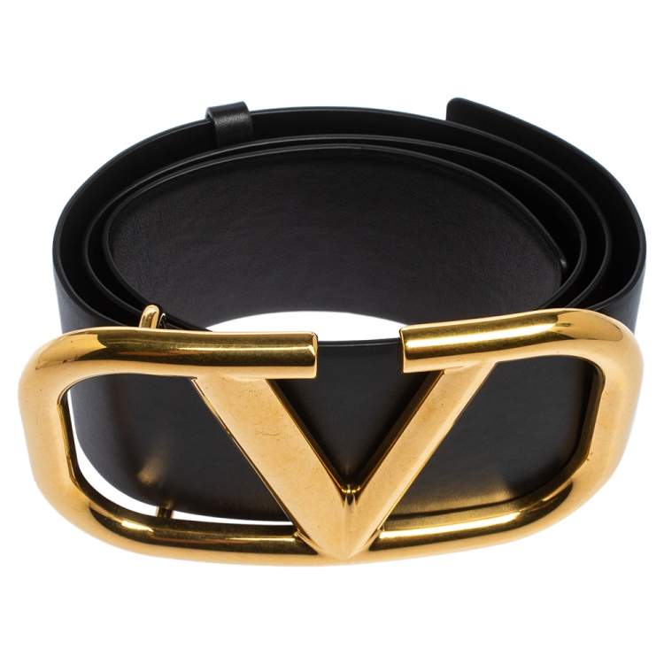 Pre Owned Valentino Black Leather VLogo Wide Belt 75 CM