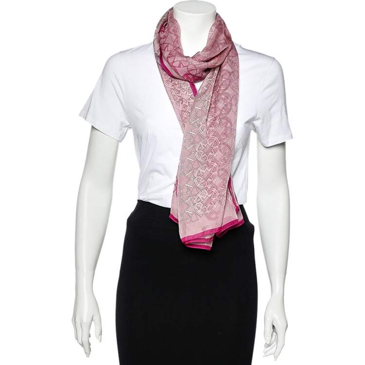 Pre Owned Valentino Pink Logo Print Silk Scarf