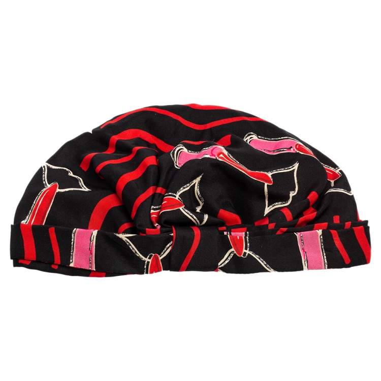Pre Owned Valentino Black & Red Lipstick Print Silk Turban 