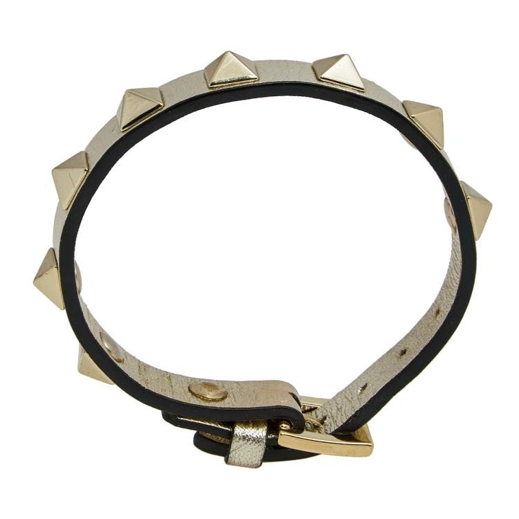 Pre Owned Valentino Silver Leather Rockstud Gold Tone Metal Wrap Bracelet