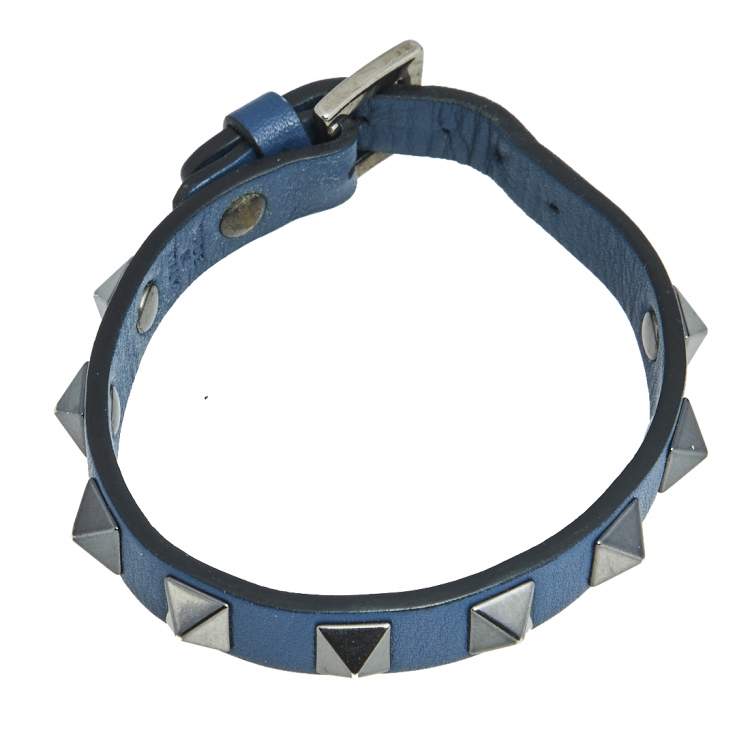 Pre Owned Valentino Blue Leather Black Tone Metal Rockstud Wrap Bracelet