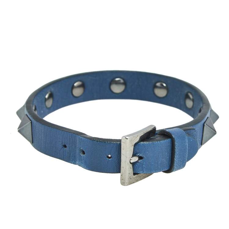 Pre Owned Valentino Blue Leather Black Tone Metal Rockstud Wrap Bracelet
