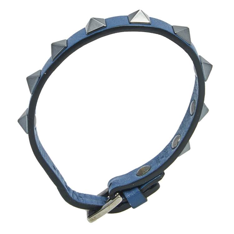 Pre Owned Valentino Blue Leather Black Tone Metal Rockstud Wrap Bracelet