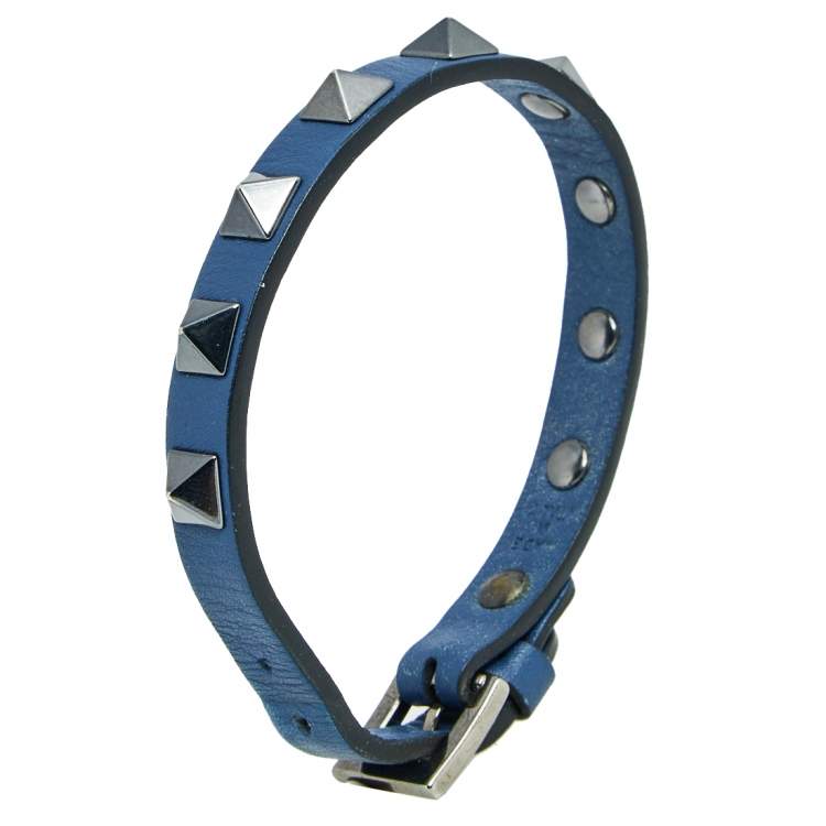 Pre Owned Valentino Blue Leather Black Tone Metal Rockstud Wrap Bracelet