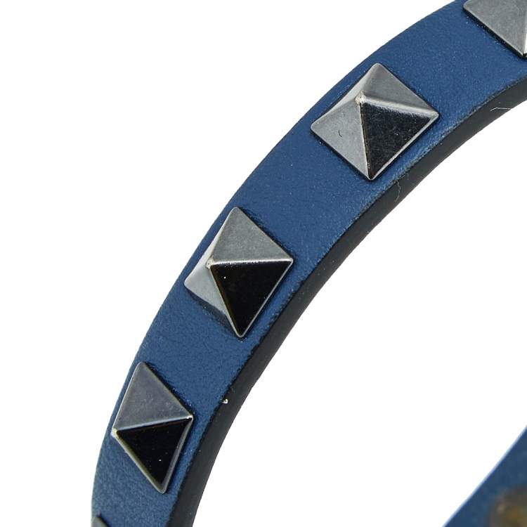 Pre Owned Valentino Blue Leather Black Tone Metal Rockstud Wrap Bracelet