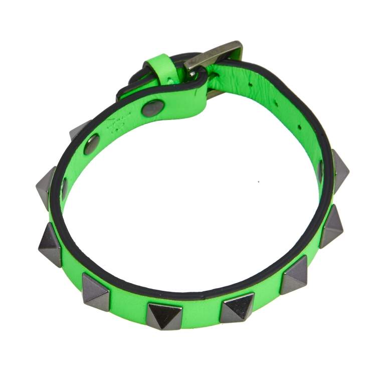 Pre Owned Valentino Neon Green Leather Rockstud Bracelet