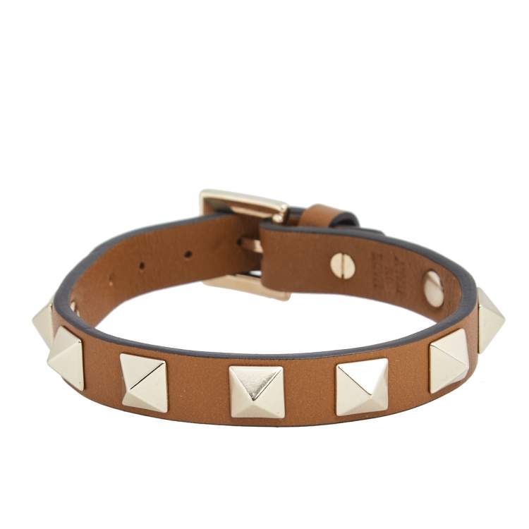 Pre Owned Valentino Brown Leather Rockstud Wrap Bracelet 