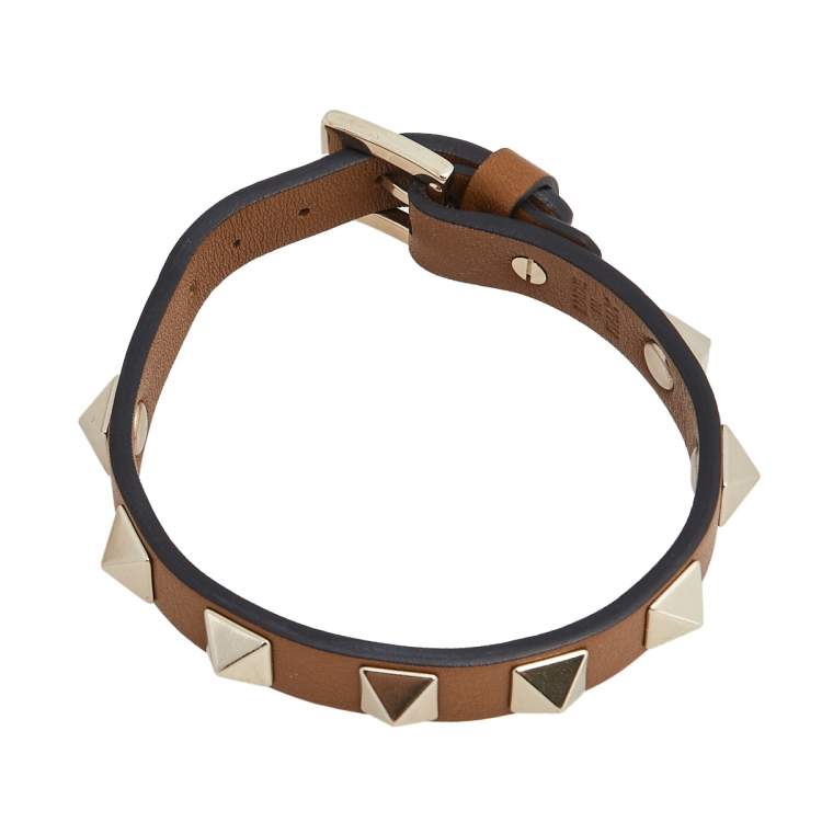 Pre Owned Valentino Brown Leather Rockstud Wrap Bracelet 