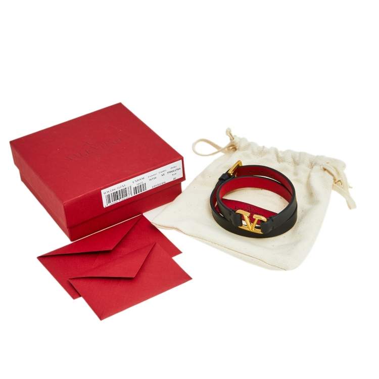 Pre Owned Valentino Black Leather VLogo Double Wrap Bracelet