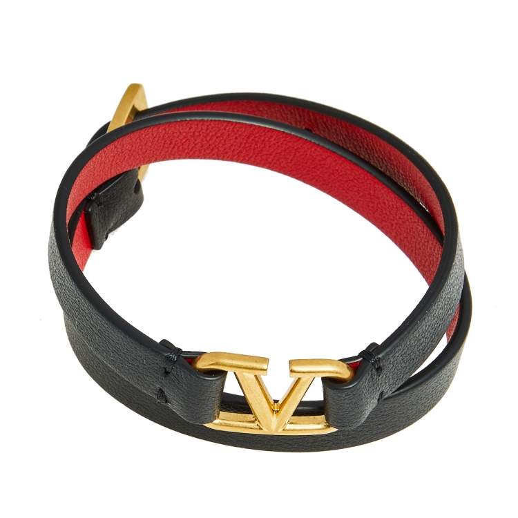 Pre Owned Valentino Black Leather VLogo Double Wrap Bracelet