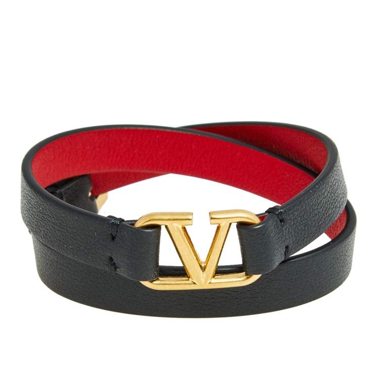 Pre Owned Valentino Black Leather VLogo Double Wrap Bracelet