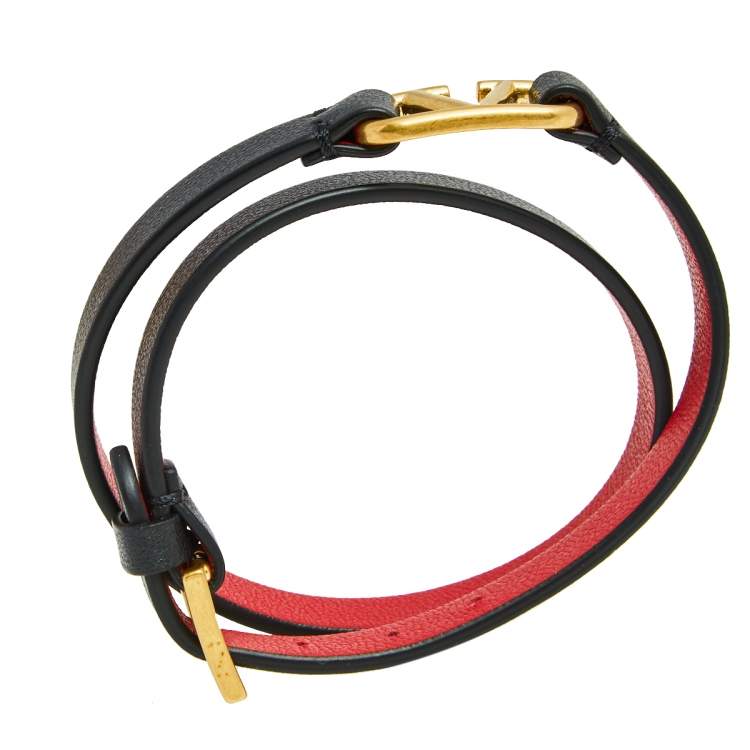Pre Owned Valentino Black Leather VLogo Double Wrap Bracelet