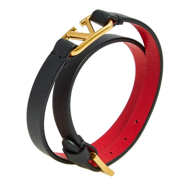 Pre Owned Valentino Black Leather VLogo Double Wrap Bracelet