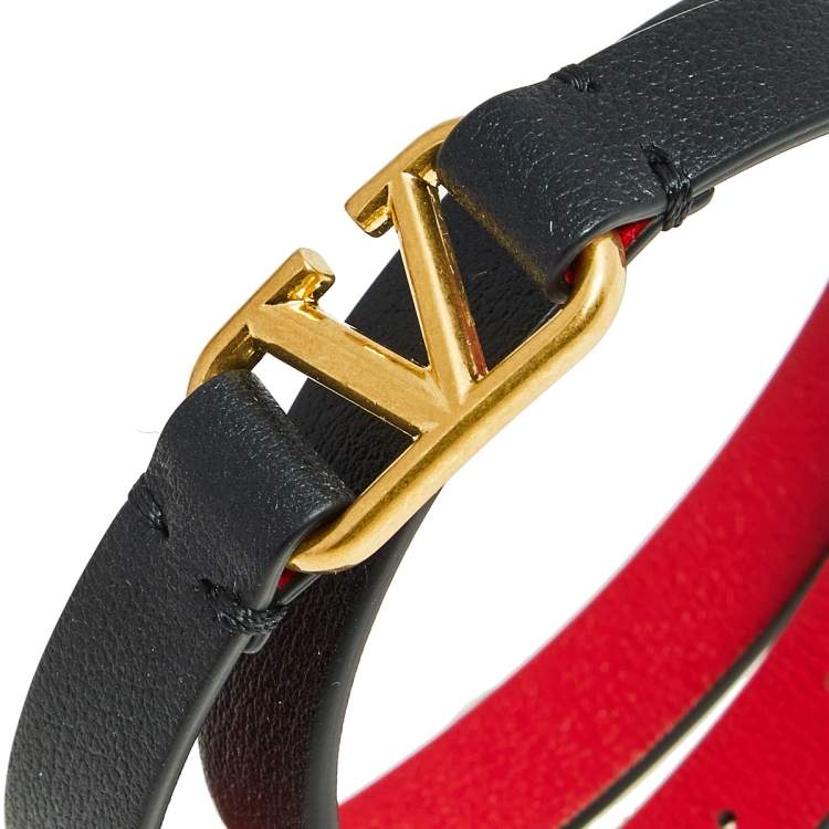 Pre Owned Valentino Black Leather VLogo Double Wrap Bracelet