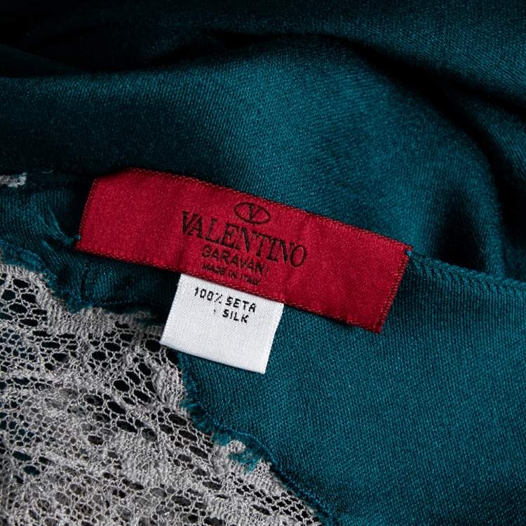 Pre Owned Valentino Green Silk & Grey Lace Paneled Scarf