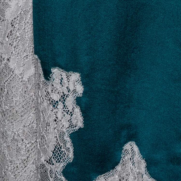 Pre Owned Valentino Green Silk & Grey Lace Paneled Scarf