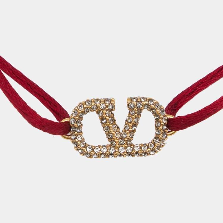 Pre Owned Valentino Gold Tone VLogo Charm Red Adjustable Cord Bracelet
