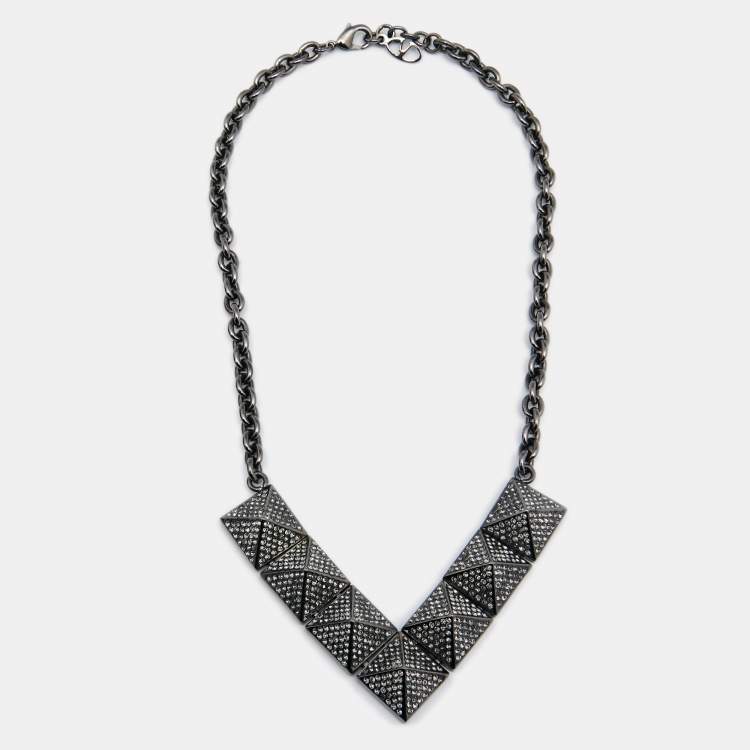 Pre Owned Valentino Gunmetal Tone Crystal Pyramid Necklace‬