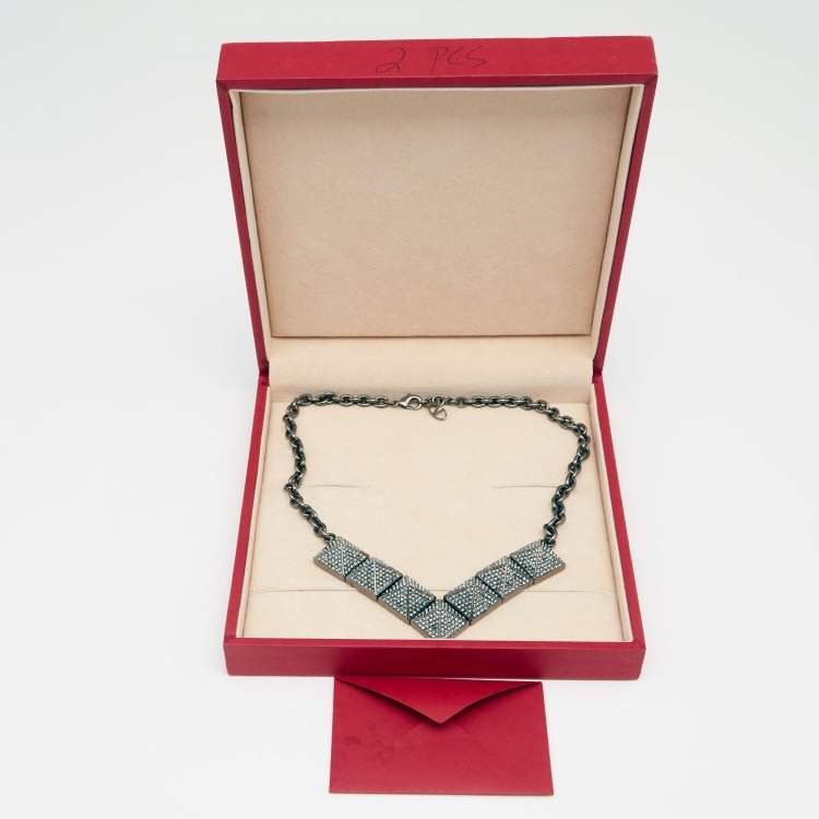 Pre Owned Valentino Gunmetal Tone Crystal Pyramid Necklace‬