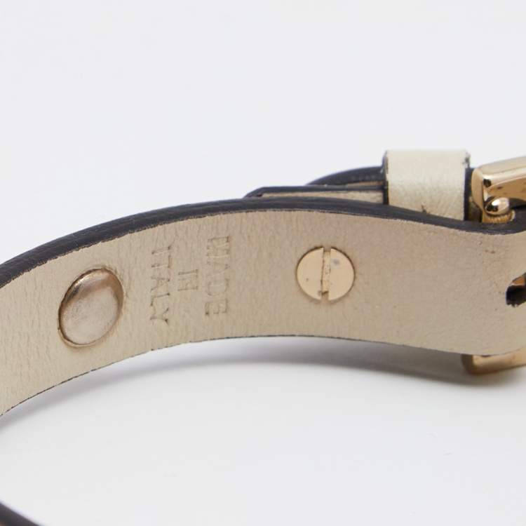 Pre Owned Valentino Leather Rockstud Gold Tone Metal Wrap Bracelet
