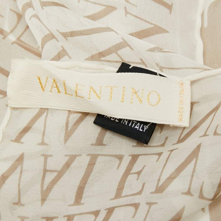 Pre Owned Valentino Beige Logo Printed Silk Scarf 